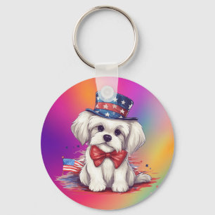 4th of July White Cute Puppy Dog-43568 Key Ring