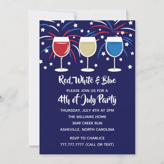4th of July Wine Red White and Blue Party Invitation (Front)
