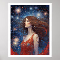 4th of July Woman in Red Fireworks Art