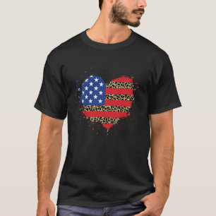 4th of July Women USA Love Heart Leopard Plaid Ame T-Shirt