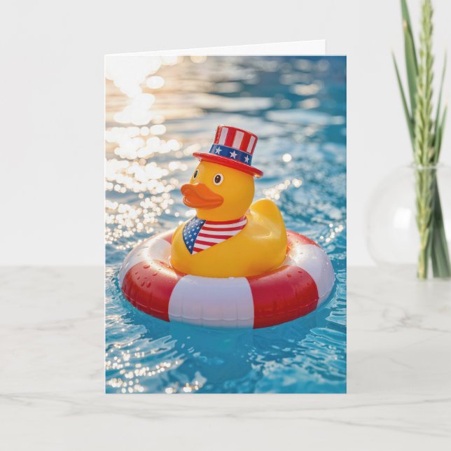 4th of July Yellow Rubber Duck in Pool Card (Front)