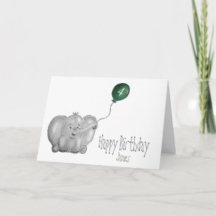 4th or any birthday elephant with green balloon card