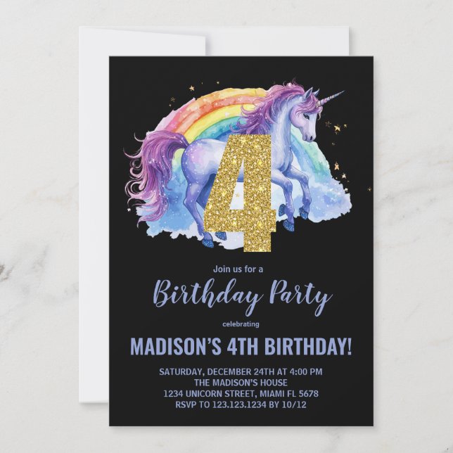 4th Rainbow Unicorn Birthday Invitations (Front)