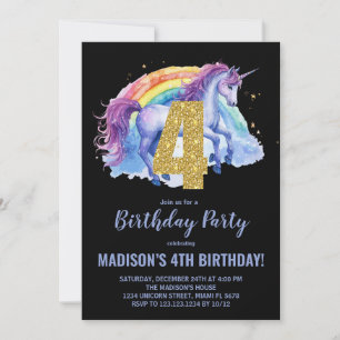 4th Rainbow Unicorn Birthday Invitations