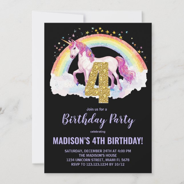 4th Rainbow Unicorn Birthday Invitations (Front)