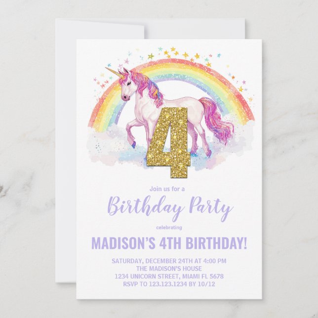 4th Rainbow Unicorn Birthday Invitations (Front)