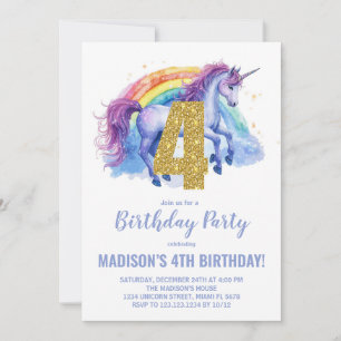4th Rainbow Unicorn Birthday Invitations
