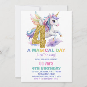 4th Rainbow Unicorn Birthday Invitations Fly