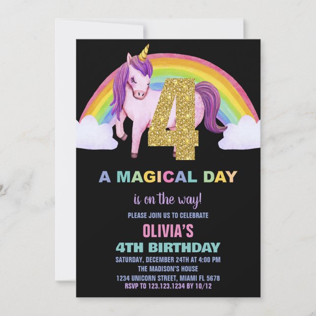 4th Rainbow Unicorn Birthday Invitations Glitter (Front)