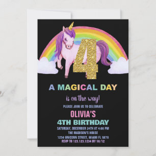 4th Rainbow Unicorn Birthday Invitations Glitter