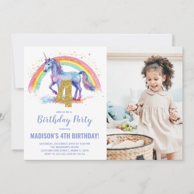 4th Rainbow Unicorn Birthday Invitations photo (Front)