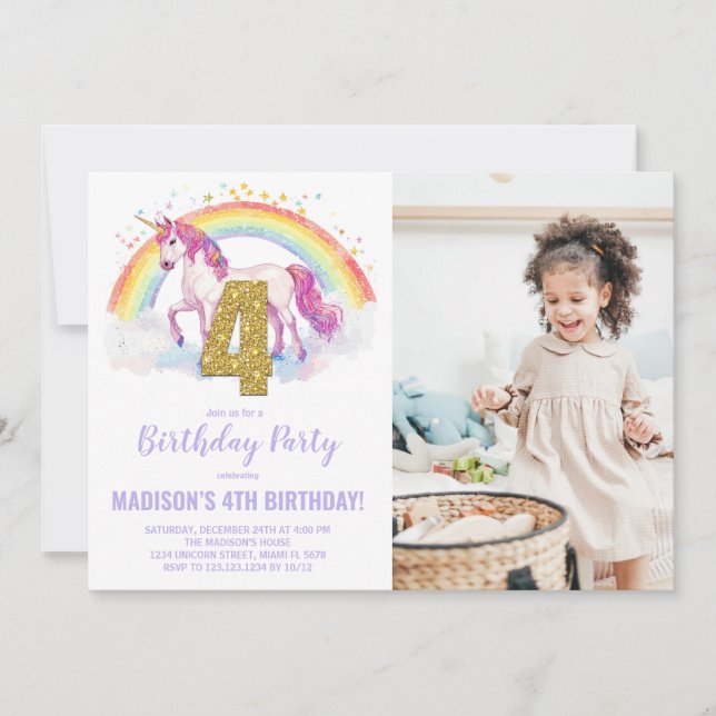 4th Rainbow Unicorn Birthday Invitations photo (Front)