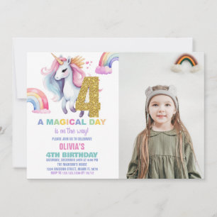 4th Rainbow Unicorn Birthday Invitations w photo