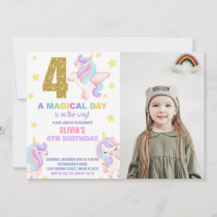 4th Rainbow Unicorn Birthday Invitations w photo