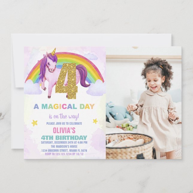4th Rainbow Unicorn Birthday Invitations w photo (Front)