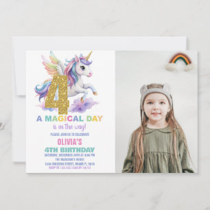 4th Rainbow Unicorn Birthday Invitations w photo