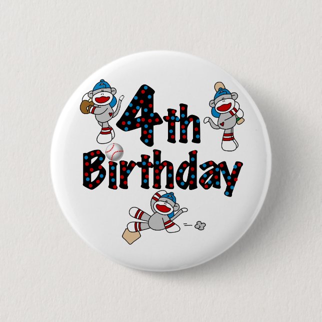 4th Sock Monkey Baseball Birthday 6 Cm Round Badge (Front)