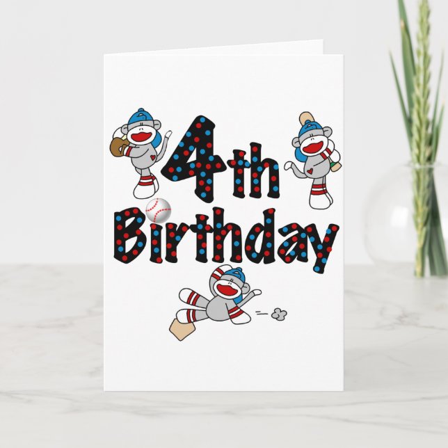 4th Sock Monkey Baseball Birthday Card (Front)