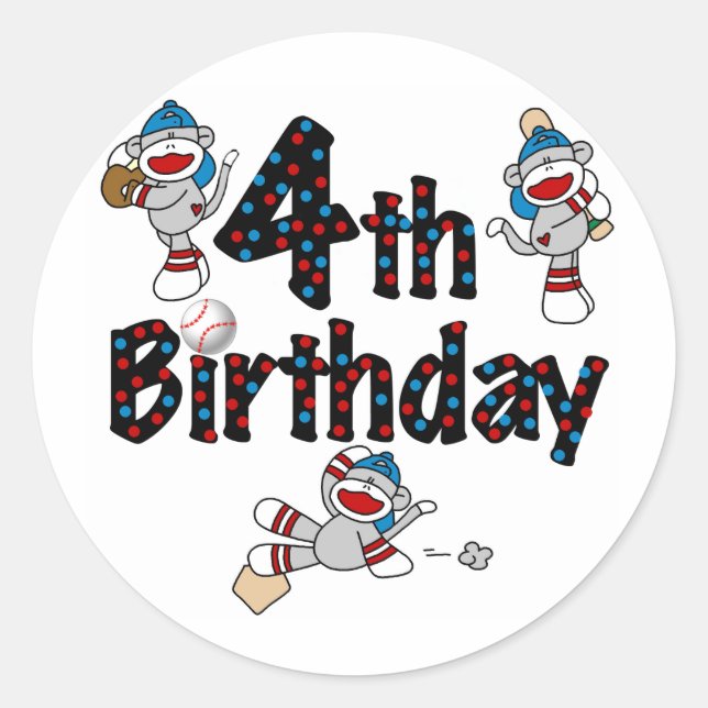 4th Sock Monkey Baseball Birthday Classic Round Sticker (Front)