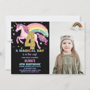 4th Unicorn Birthday Invitations Black with photo