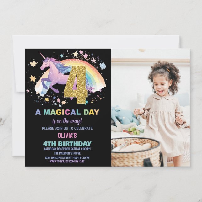 4th Unicorn Birthday Invitations with photo (Front)