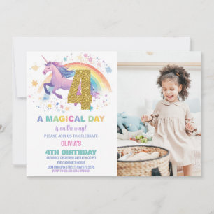4th Unicorn Birthday Invitations with photo
