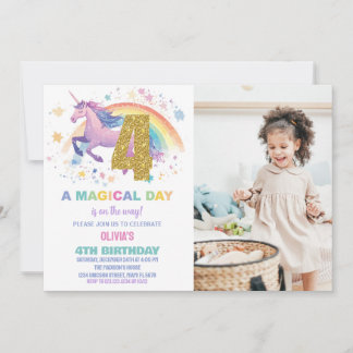 4th Unicorn Birthday Invitations with photo