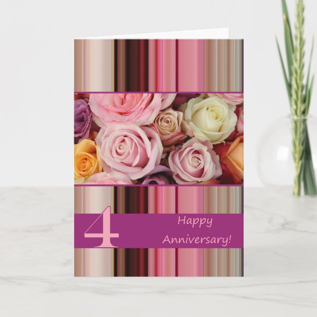 4th Wedding Anniversary Card - Pastel roses stripe (Front)