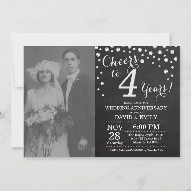 4th Wedding Anniversary Chalkboard Black Silver Invitation (Front)