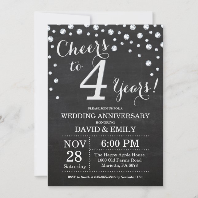 4th Wedding Anniversary Chalkboard Black Silver Invitation (Front)