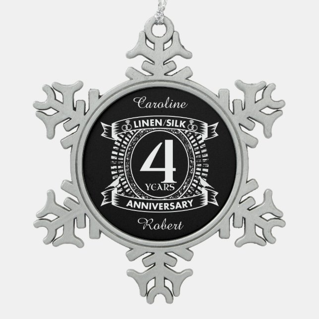4th wedding anniversary distressed crest snowflake pewter christmas ornament (Front)