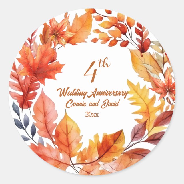 4th Wedding Anniversary Fall Floral Classic Round Sticker (Front)