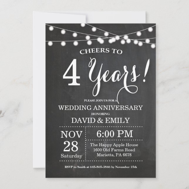 4th Wedding Anniversary Invitation Chalkboard (Front)