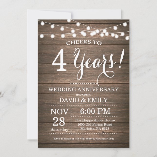 4th Wedding Anniversary Invitation Rustic Wood (Front)