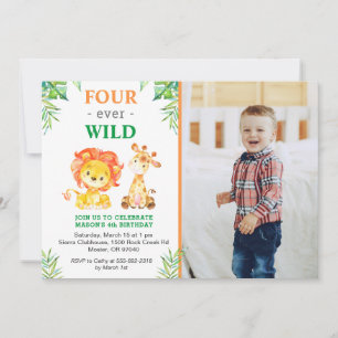 4th Wild Safari Jungle Lion Fourth Birthday Party Invitation