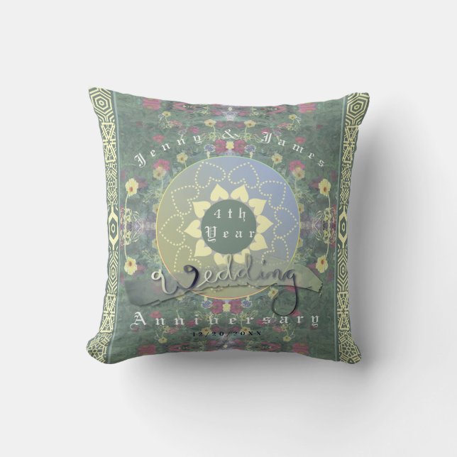 4th Year Wedding Anniversary Green&Blue Flower Cushion (Front)