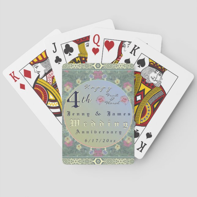 4th Year Wedding Anniversary Green&Blue Flower Playing Cards (Back)