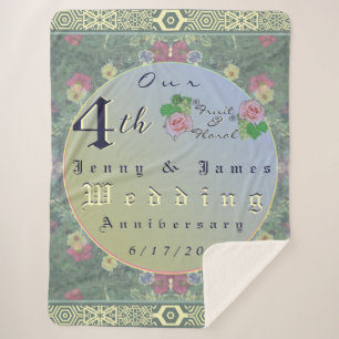 4th Year Wedding Anniversary Green&Blue Flower Sherpa Blanket
