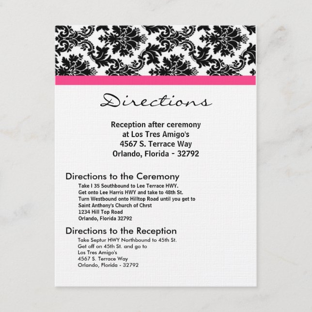 4x5 Directions Card Black Damask Hot Pink Receptio (Front)