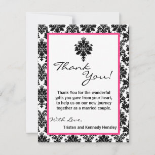 4x5 FLAT Thank You Card Black Hot Pink Damask Lace
