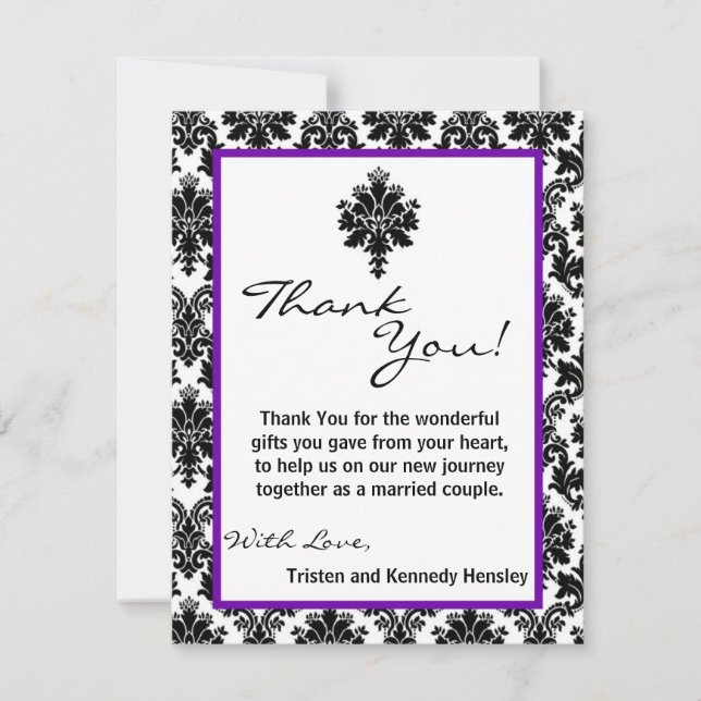 4x5 FLAT Thank You Card Black Purple Damask Lace (Front)