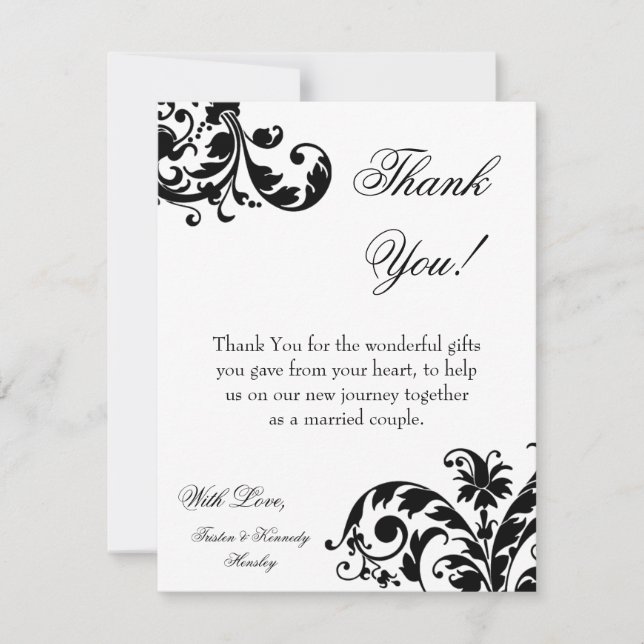 4x5 FLAT Thank you Card Black White Floral Filigre (Front)