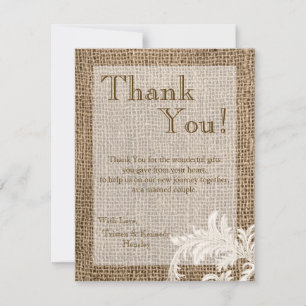 4x5 FLAT Thank You Card Burlap Lace Country Wester