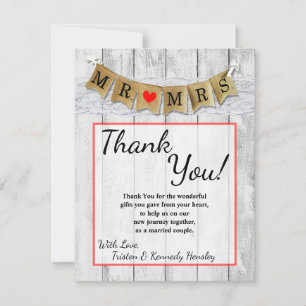4x5 FLAT Thank You Card Burlap Mr. and Mrs. Banner