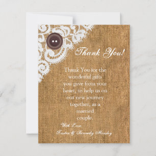 4x5 FLAT Thank You Card Button Burlap Lace
