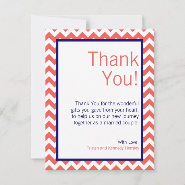 4x5 FLAT Thank You Card Coral Navy Blue Chevron (Front)
