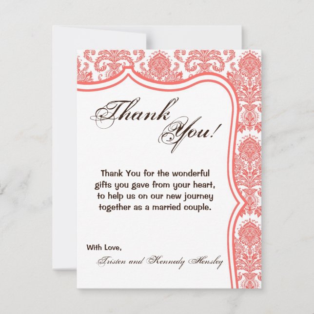 4x5 FLAT Thank You Card Coral White Damask Lace (Front)