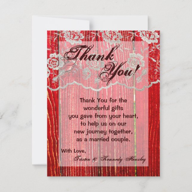 4x5 FLAT Thank You Card Country Lace Red Wash Wood (Front)