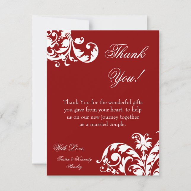 4x5 FLAT Thank you Card Crimson Red Floral Filigre (Front)