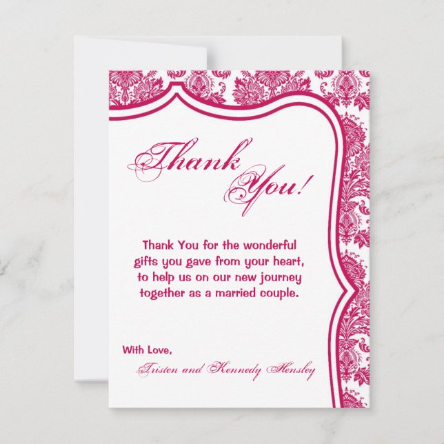 4x5 FLAT Thank You Card Fusia White Damask Lace Pr (Front)